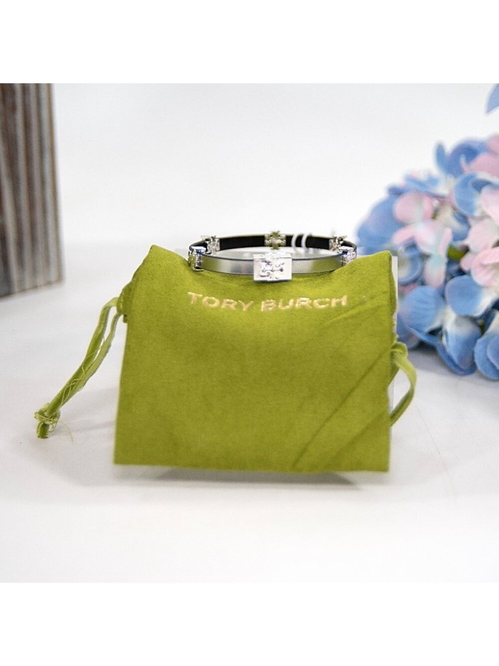 Tory Burch Eleanor Silver Logo Bio Vegan Leather Wrap Bracelet NWT